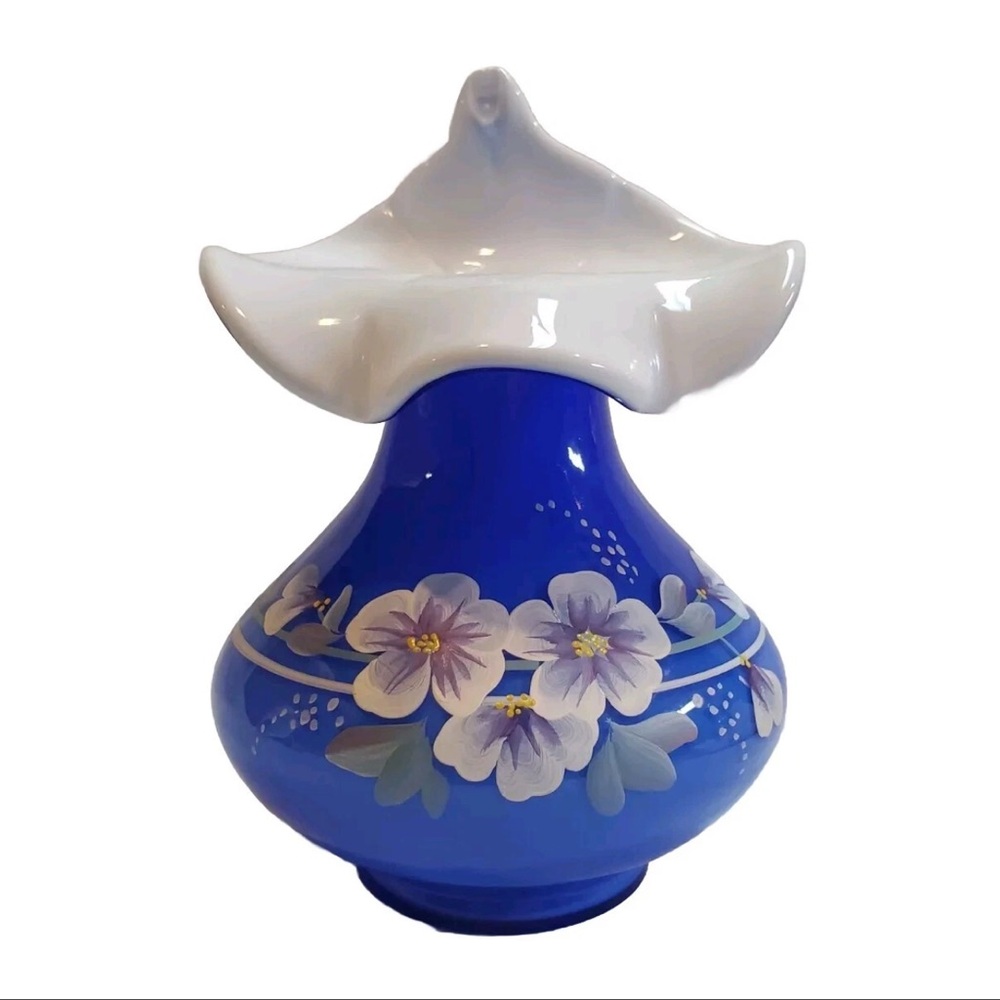 Fenton Cobalt Blue Cased Tulip Vase Hand Painted Signed Mackey Preferred 2nd
